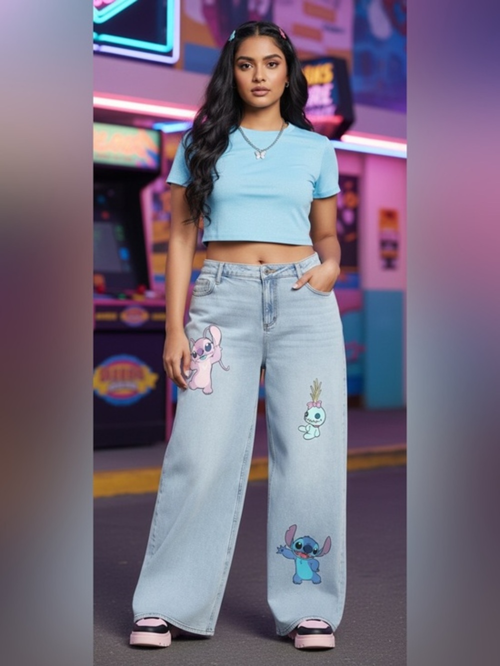 DISNEY Lilo and Stitch Angel Scrump embellished Wide Leg Denim Jeans Size 15